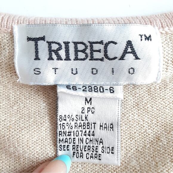 Vintage 80s Silk Blend Cardigan Sweater Button Down Champagne Tan M Minimalist - Picture 4 of 8